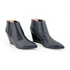 Chanel CC Black Leather Pointed Chain Wedge Ankle Boots Booties Size 39.5 US 9.5